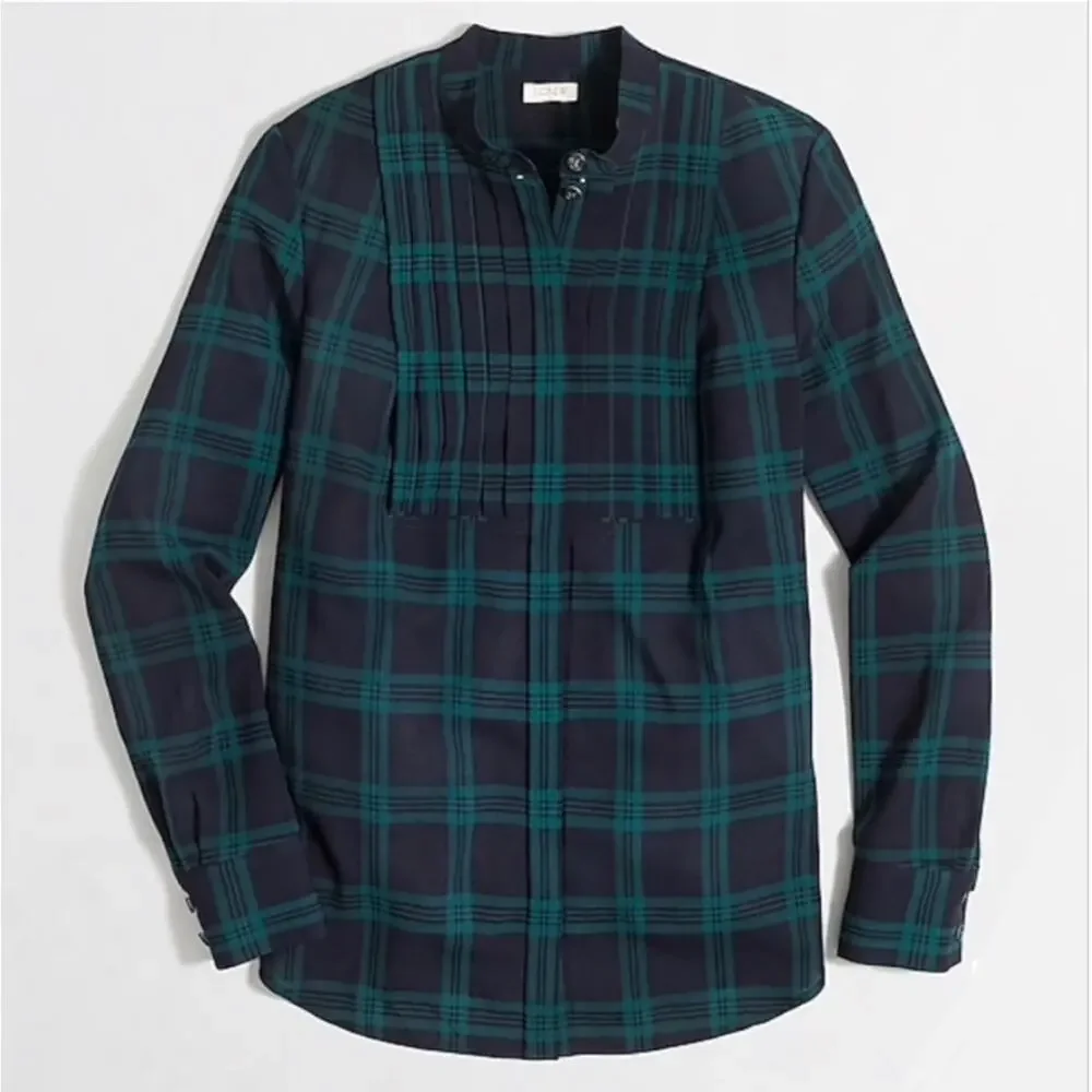 J. Crew Drapey Tuxedo Bib Blouse in Navy Green Plaid E5598 Size XL
